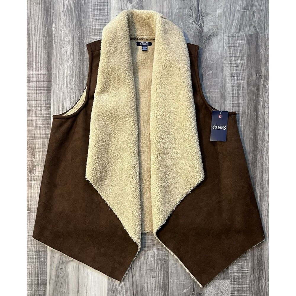 NWT Chaps Ralph Lauren Womens Large Brown Faux Suede Faux Sherpa Lined Vest